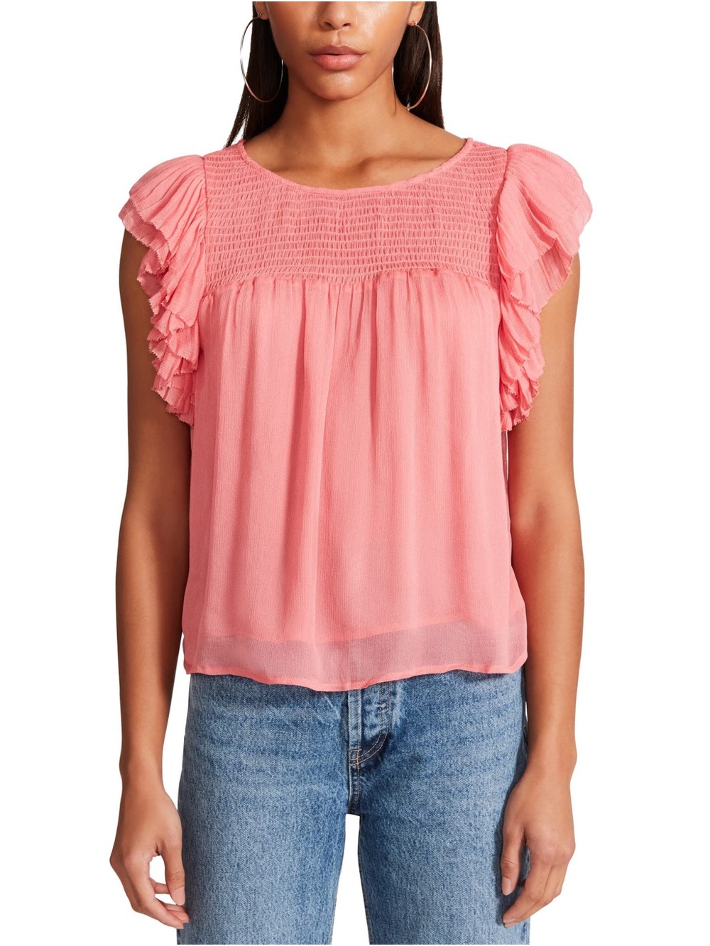 🆕 NWT BB Dakota by Steve Madden Smocked Ruffle Sleeve Blouse in Deep Lipstick